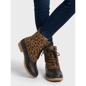 (b14/3) Avanti ZELDA-LEO Lace Up Rain Boots Mid Calf Duck Boots Leopard Size 10